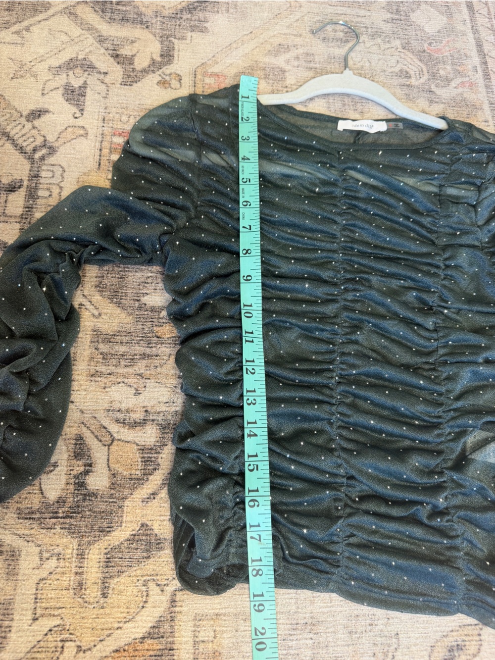 Sheer Green Ruched Long-Sleeve Sparkle Top - Picture 8 of 8